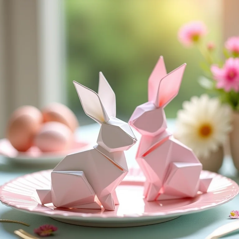 Coelhinhos de origami decorando mesa de Páscoa