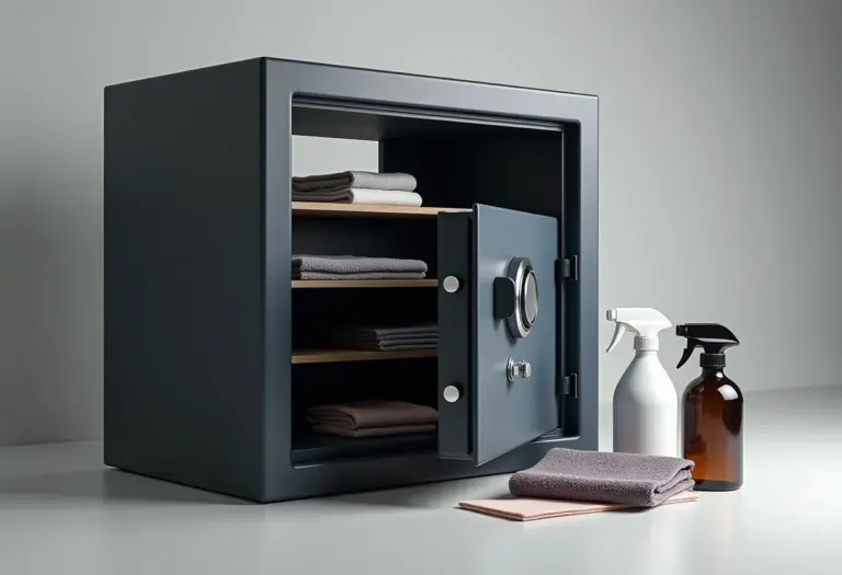 Cofre de alta segurança aberto, mostrando seus componentes internos e externos, com materiais de limpeza ao lado.