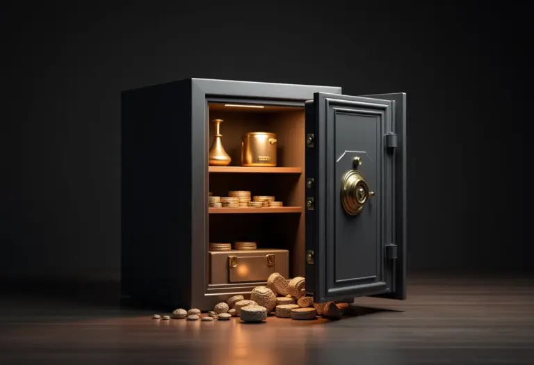 Cofre moderno aberto com objetos de valor espalhados.