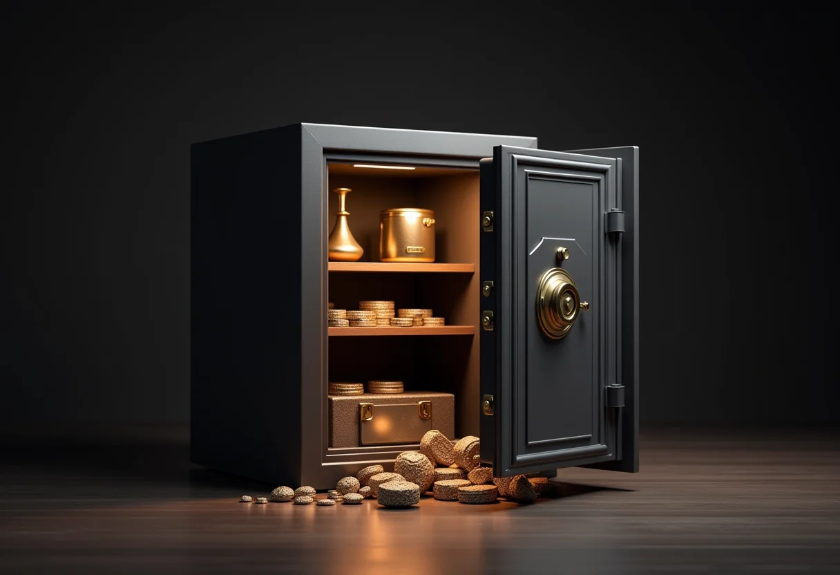 Cofre moderno aberto com objetos de valor espalhados.