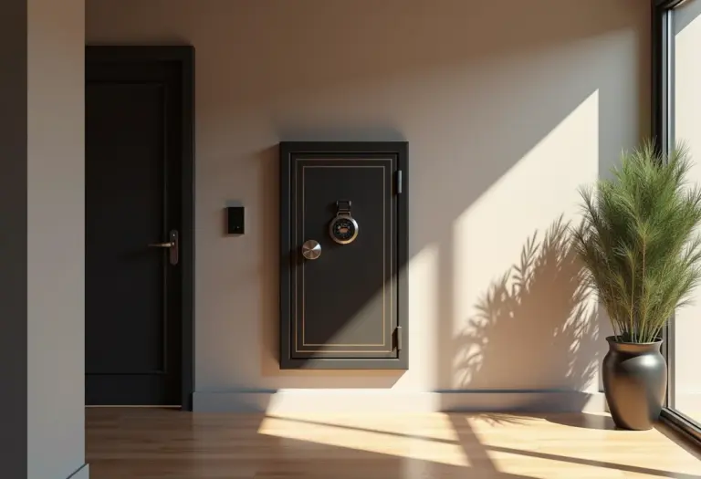 Cofre moderno integrado ao design de interiores de uma casa, transmitindo segurança e discrição.