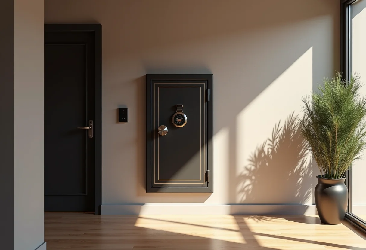 Cofre moderno integrado ao design de interiores de uma casa, transmitindo segurança e discrição.