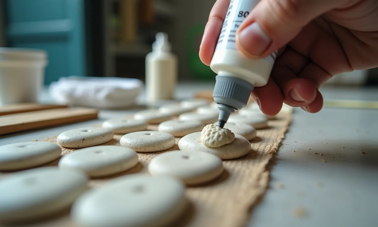 Cola sendo aplicada em pedras para tapete artesanal.