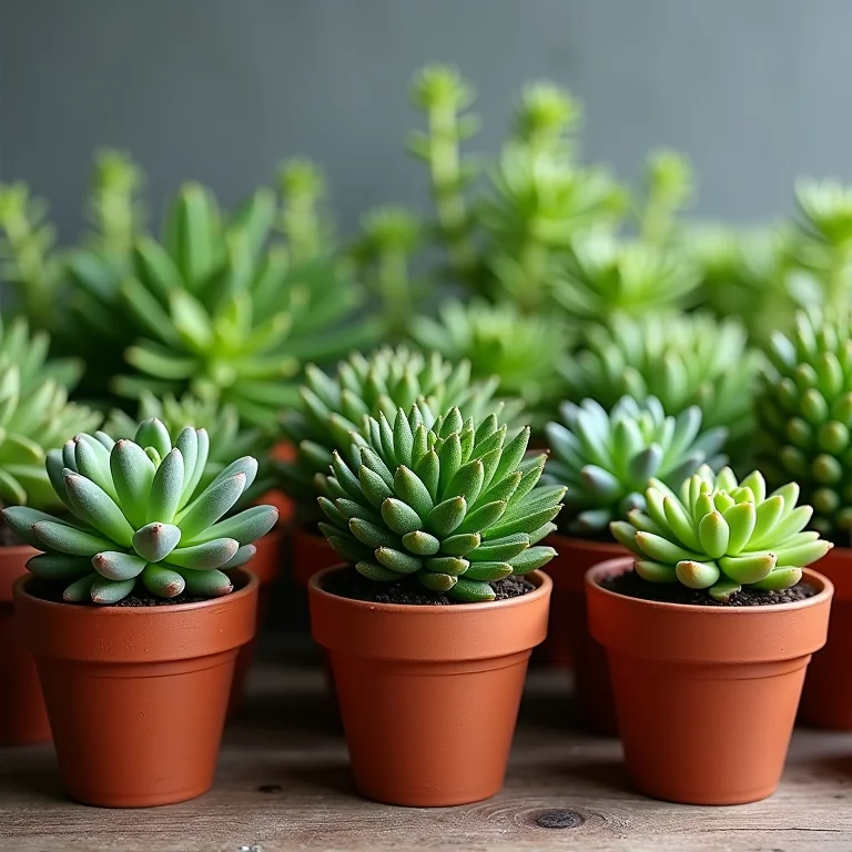 Coleção de diferentes variedades de Sedum em vasos de terracota.