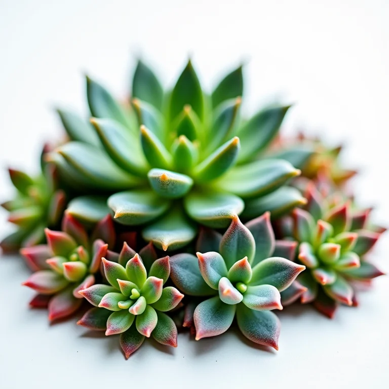 Coleção diversificada de pequenas plantas suculentas com cores e texturas variadas.