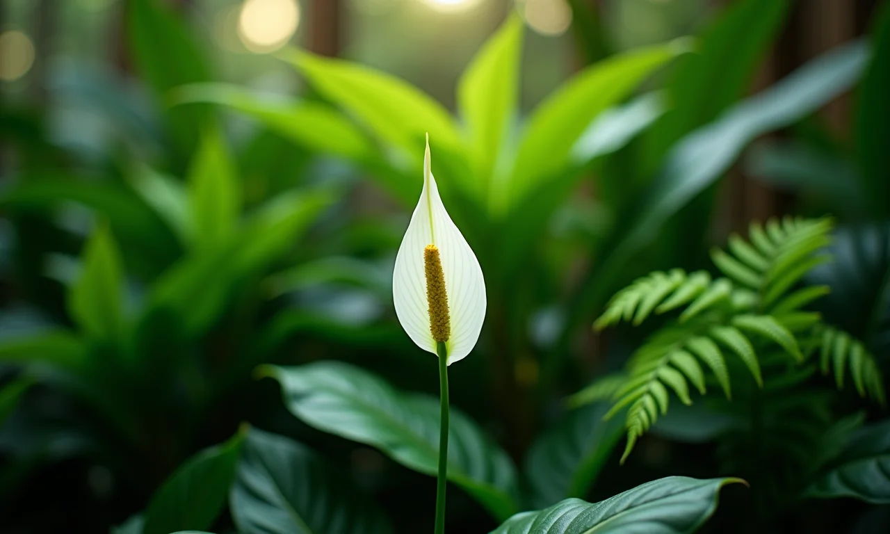 Combinação de lírios da paz com outras plantas tropicais.