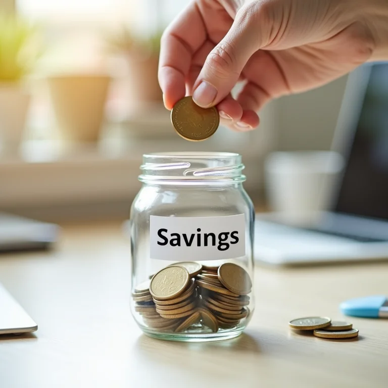 Começando a poupar: moedas em um pote de vidro