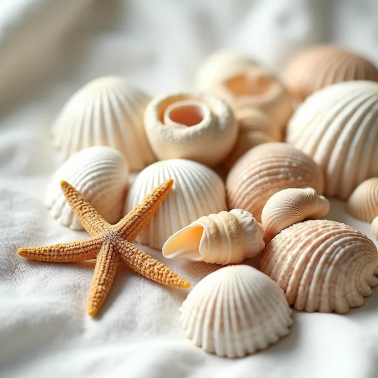 Conchas e estrelas do mar dispostas sobre um tecido de linho.