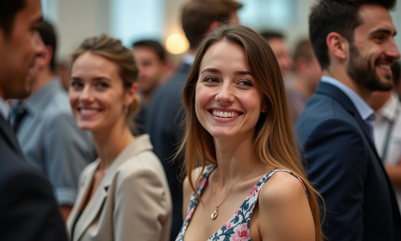 Convidados felizes em evento limpo e bem cuidado, sorrindo e satisfeitos.