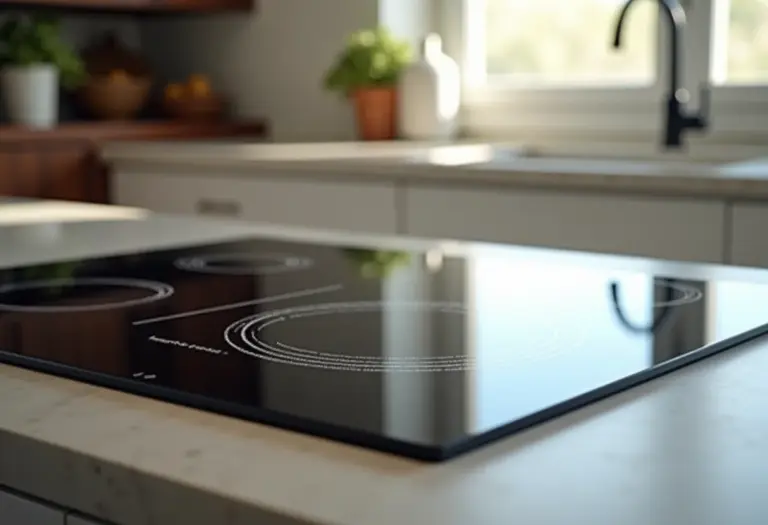 Cooktop de indução brilhando, refletindo a luz natural.