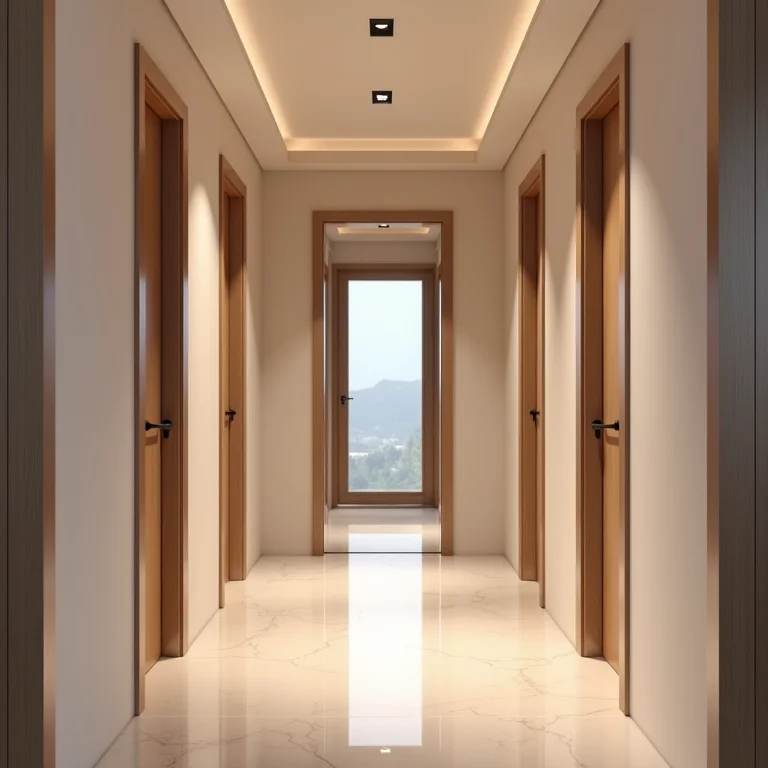 Corredor com espelho criando efeito de amplitude