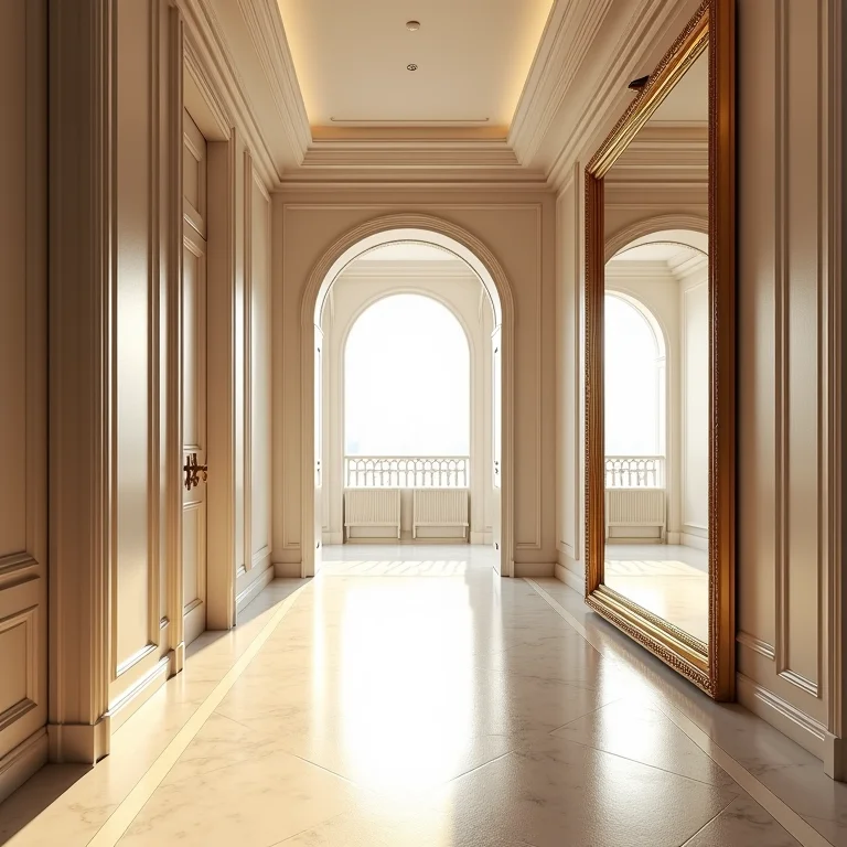 Corredor com espelho grande ampliando o espaço