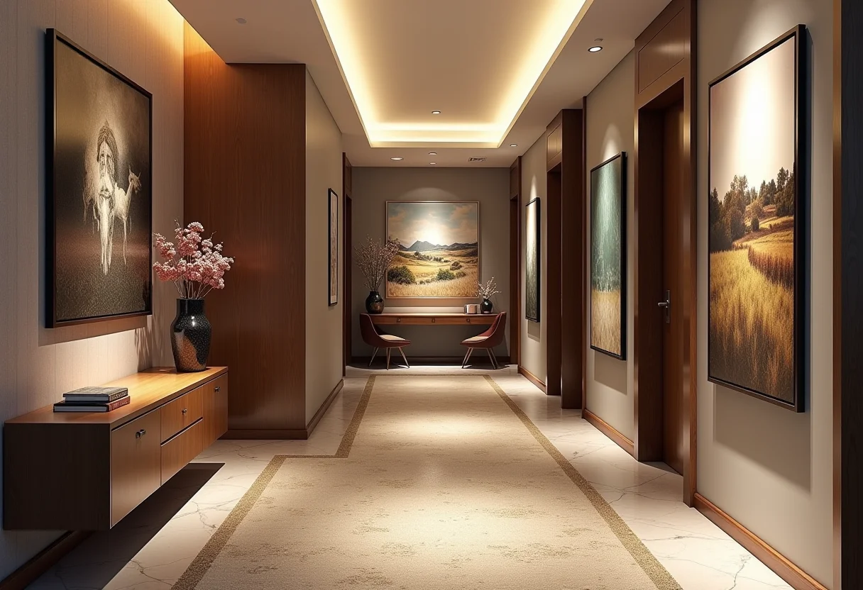 Corredor de casa moderna com decoração elegante e iluminação acolhedora
