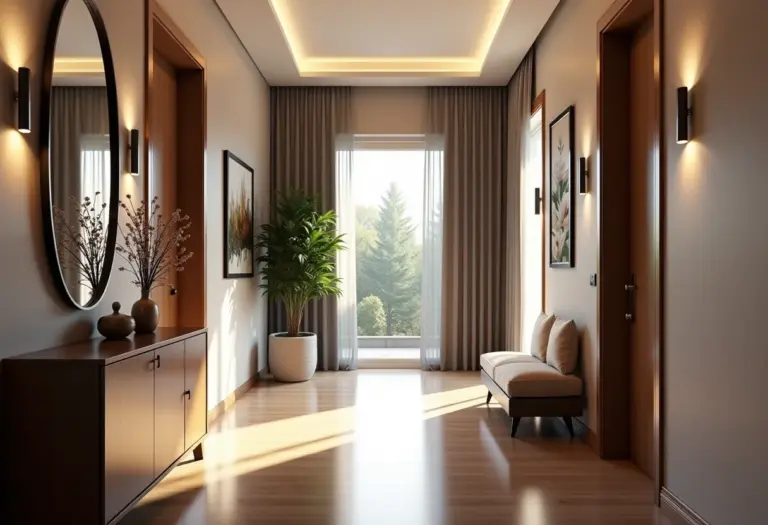 Corredor de casa moderna com decoração elegante e iluminação aconchegante