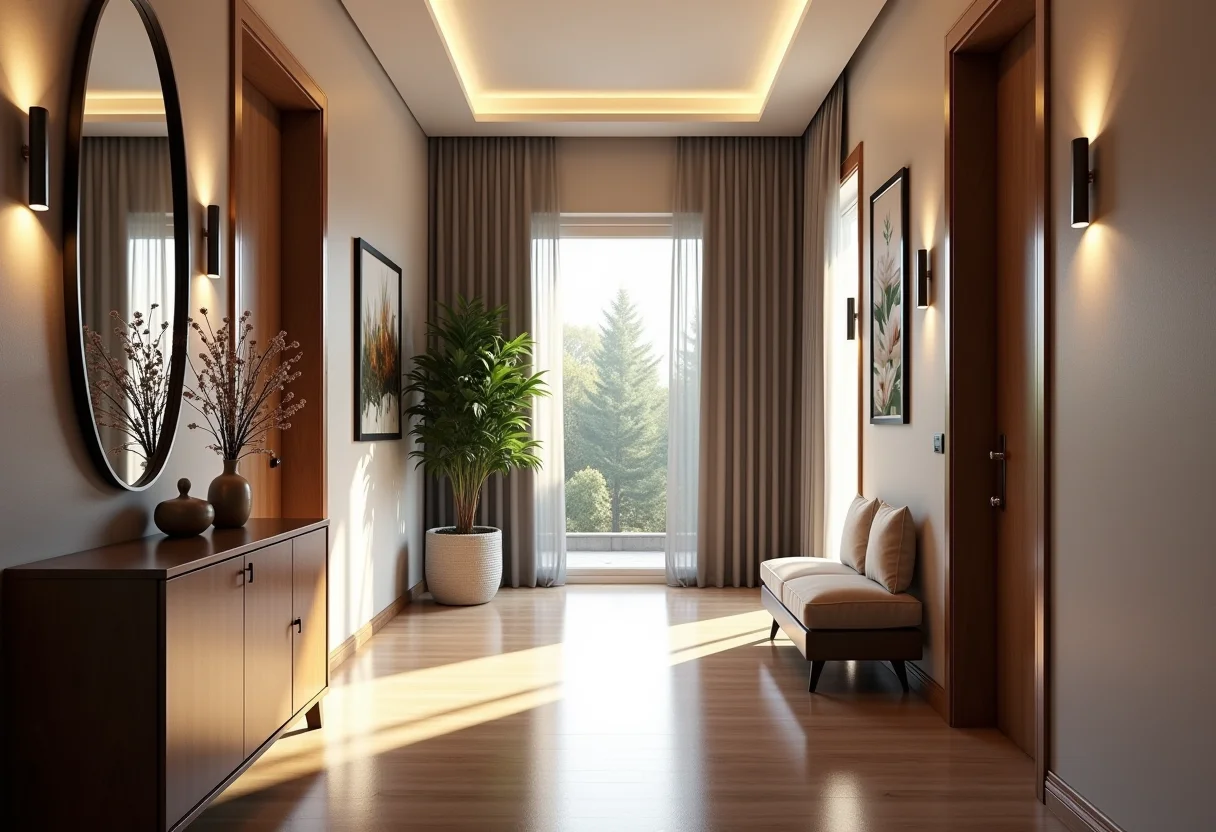 Corredor de casa moderna com decoração elegante e iluminação aconchegante