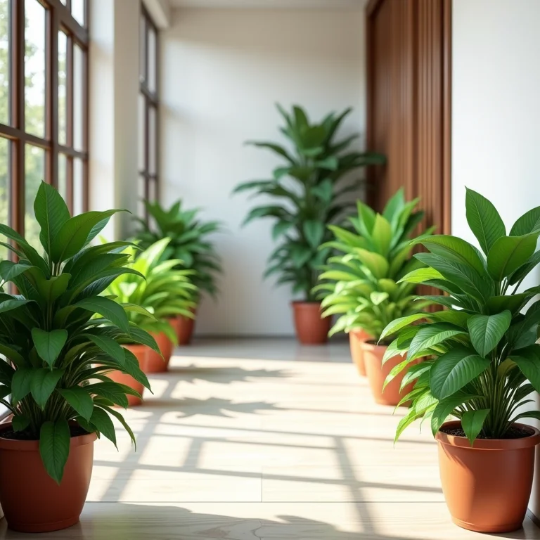 Corredor decorado com plantas em vasos
