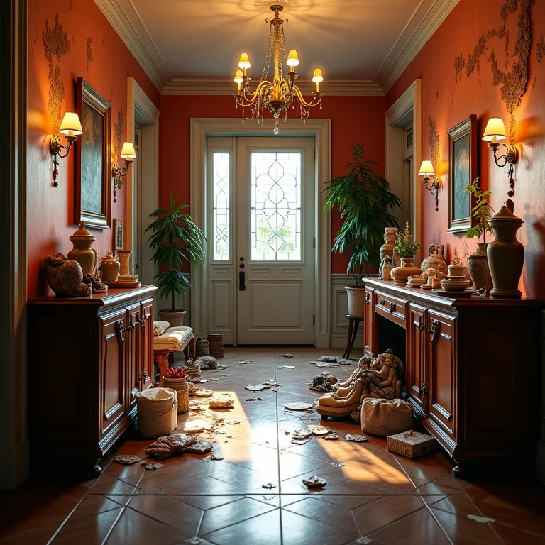 Corredor entulhado com excesso de decoração.