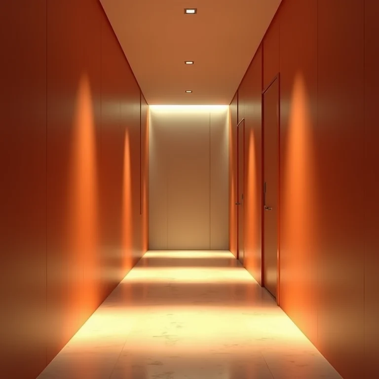 Corredor iluminado com luz artificial na ausência de luz natural.