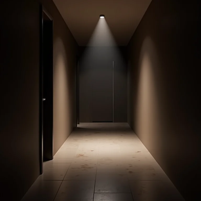 Corredor mal iluminado com sombras profundas.