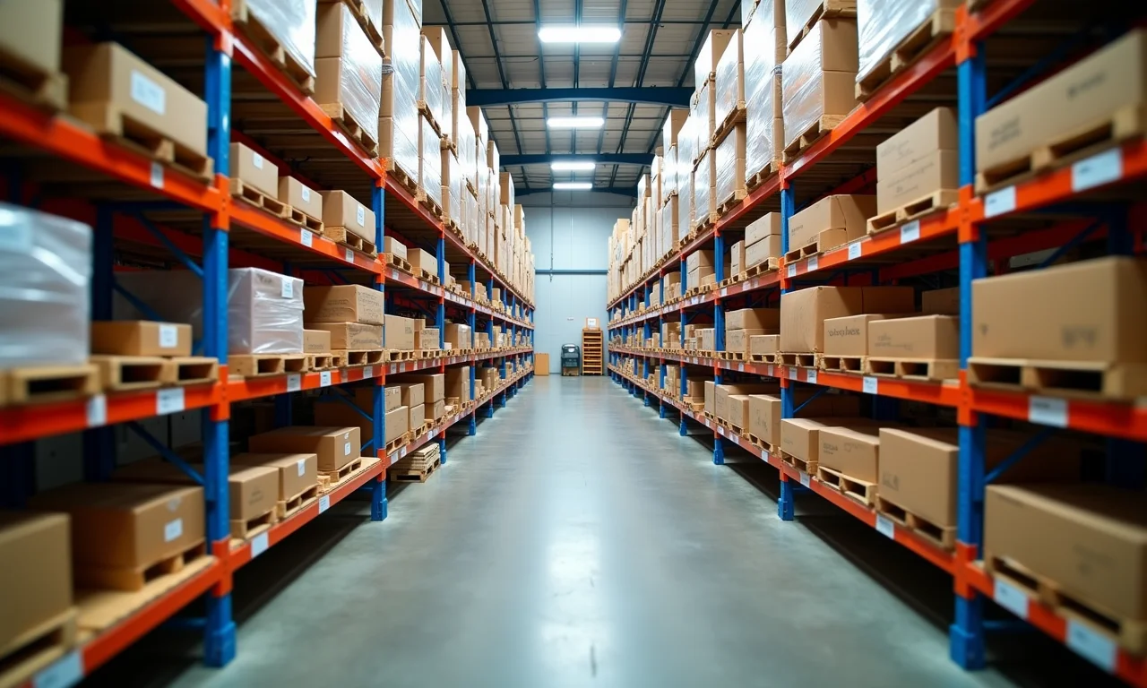 Corredores de um armazém organizados e bem etiquetados.