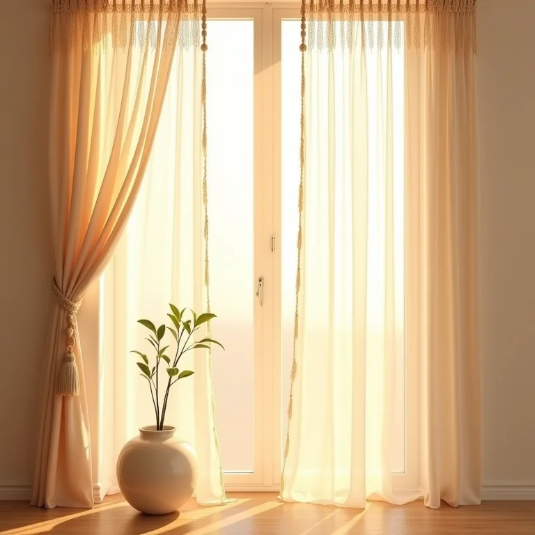 Cortina de macramê em uma janela ensolarada.