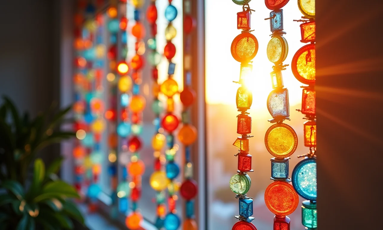 Cortinas criativas feitas de tampinhas de garrafas PET coloridas em uma janela.