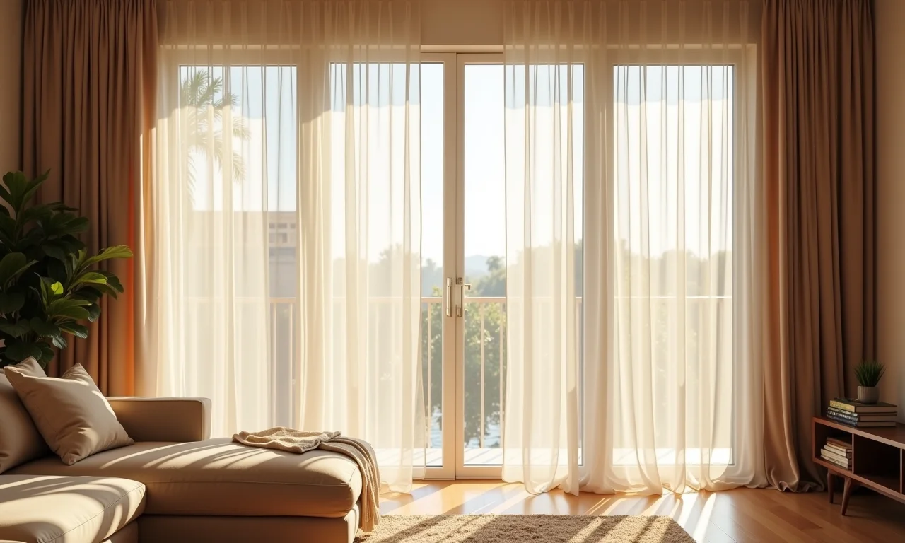 Cortinas e drapeados em sala de estar, tecido leve e elegante.