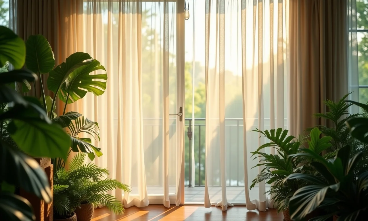 Cortinas leves e fluidas balançando suavemente na brisa.