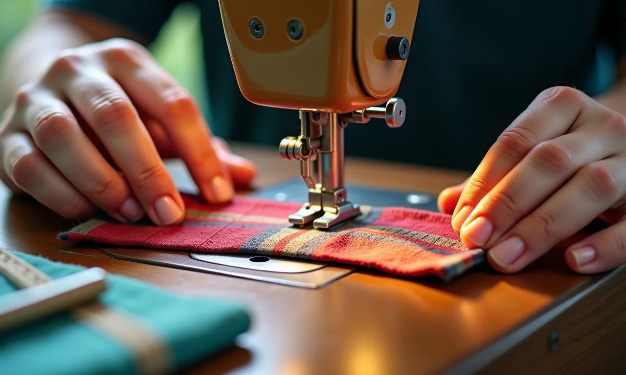 Costurando as bainhas laterais da rede.