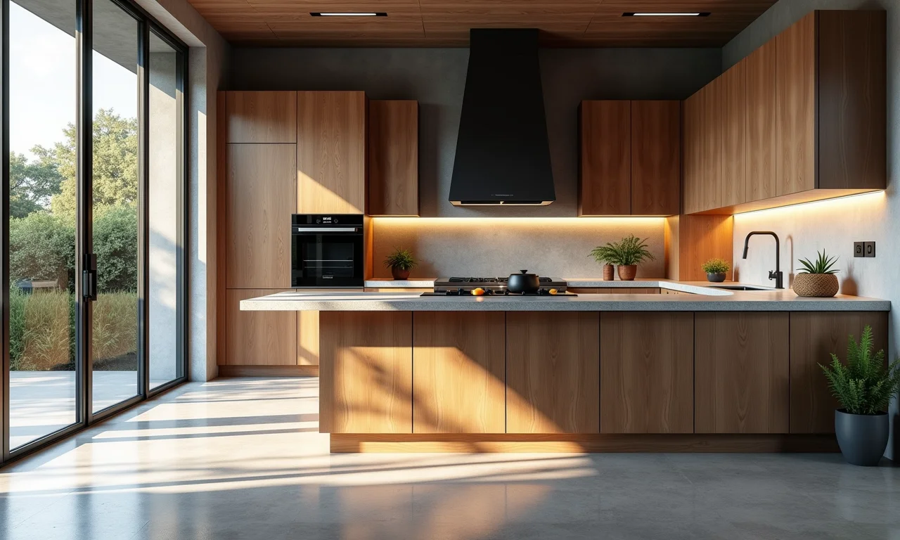 Cozinha com piso de cimento queimado e eletrodomésticos modernos.