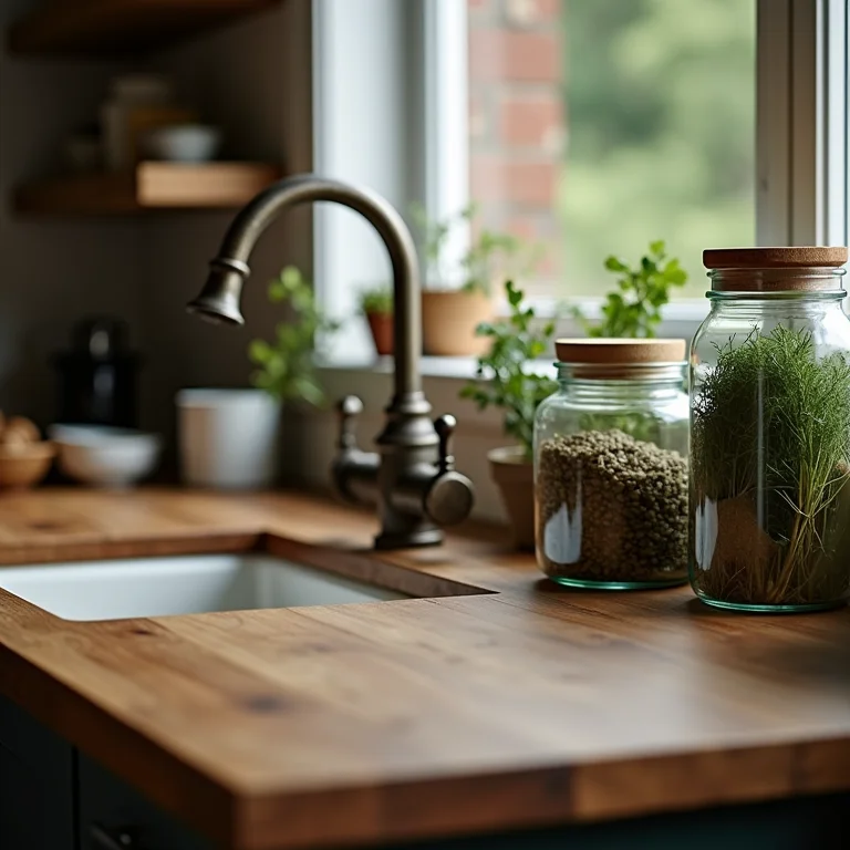 Cozinha com toque campestre: bancada de madeira com pia de cerâmica e ervas secas