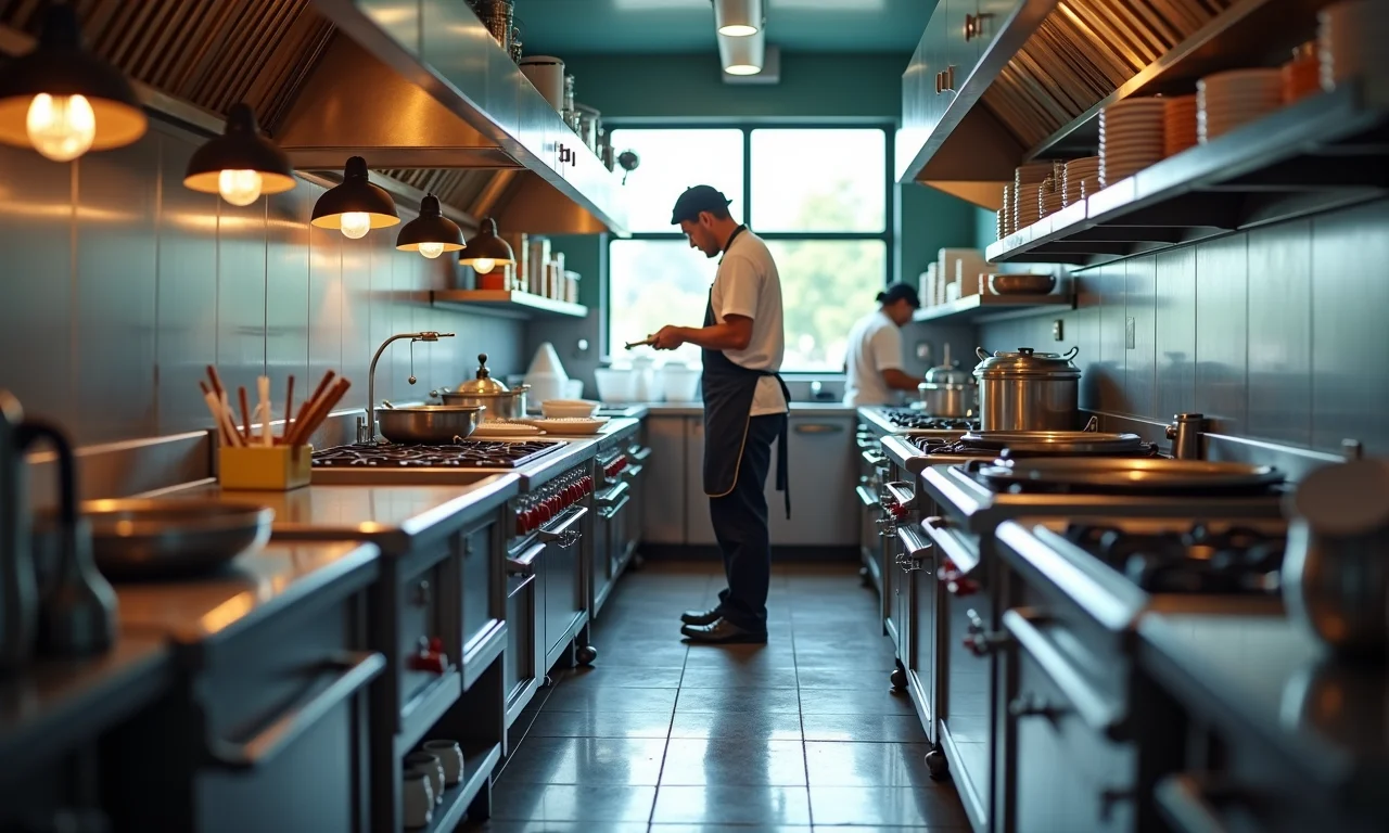 Cozinha de restaurante sendo limpa com equipamentos profissionais.