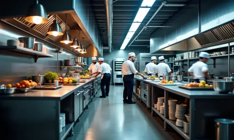 Cozinha industrial organizada com chefs trabalhando