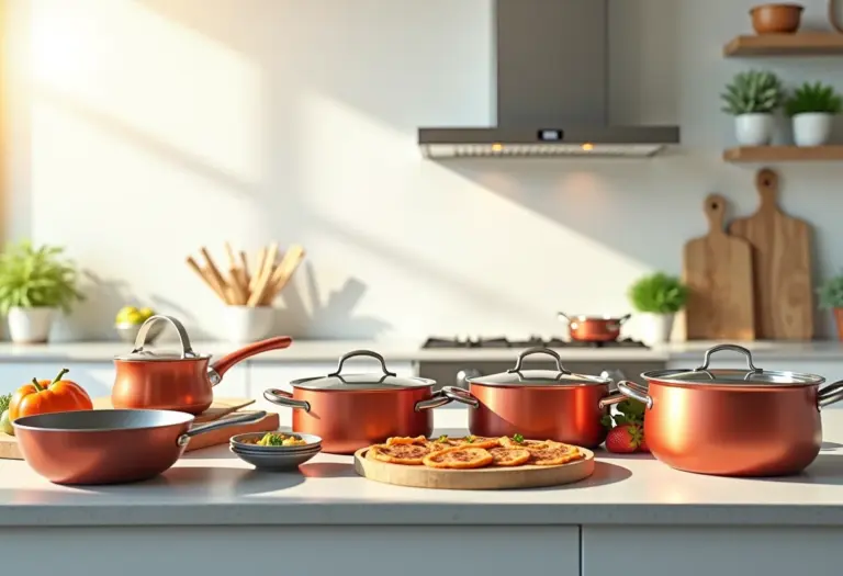 Cozinha moderna com panelas e tampas organizadas.