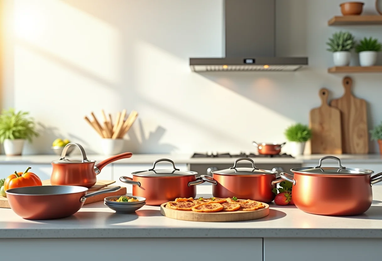 Cozinha moderna com panelas e tampas organizadas.