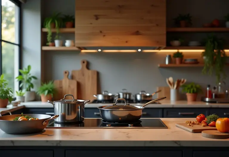 Cozinha moderna com panelas e tampas organizadas.