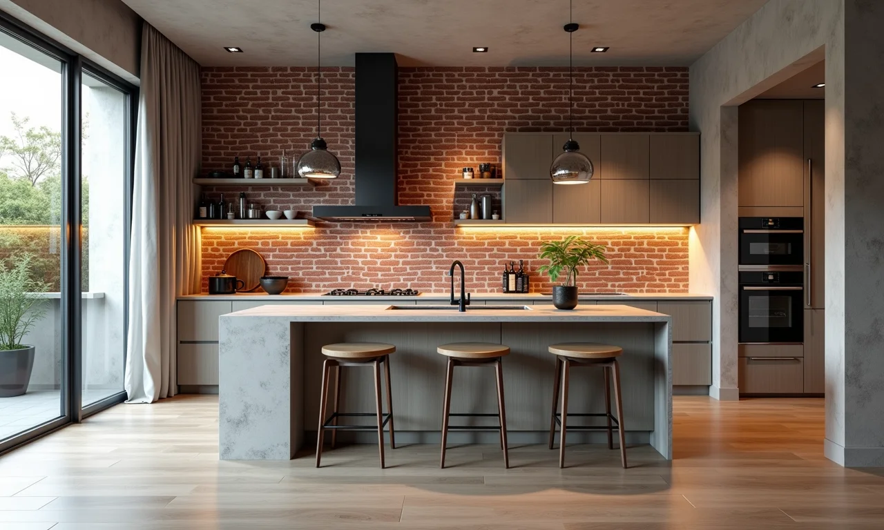 Cozinha moderna com papel de parede que imita tijolinho.