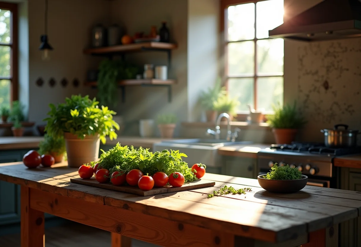 Cozinha rústica com tema de fazenda, mesa de madeira com vegetais frescos