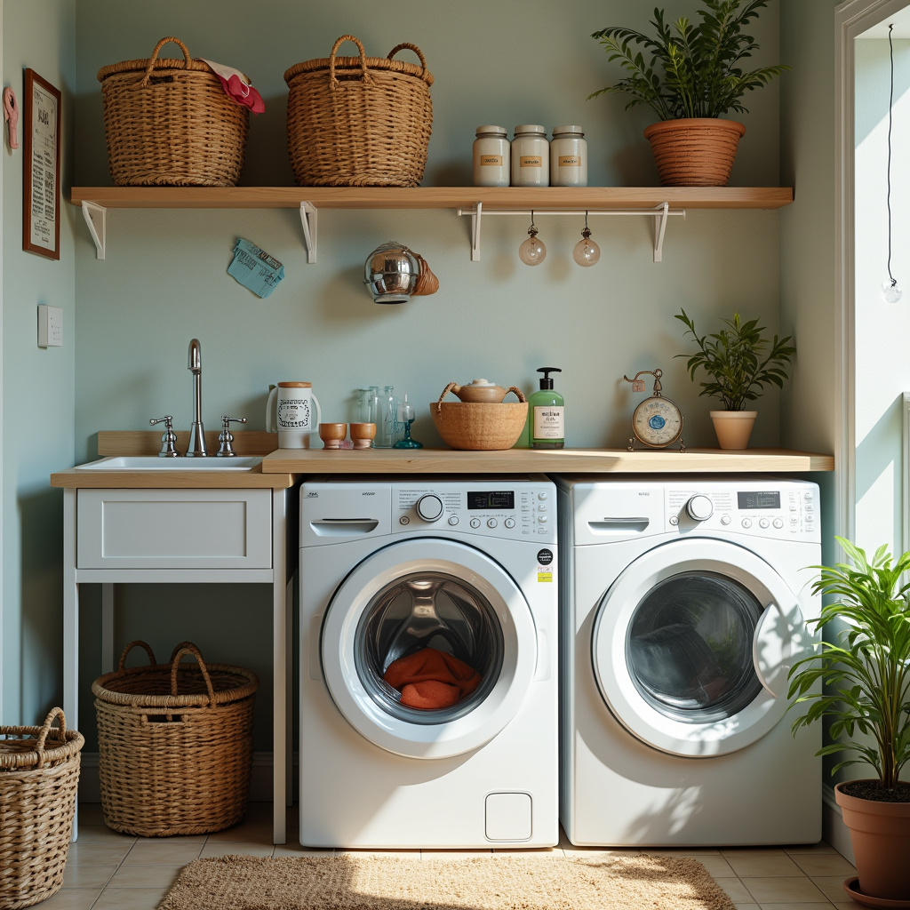 Creative laundry room with personalized details, colorful baskets, vintage objects, professional Lavanderia criativa com detalhes personalizados.