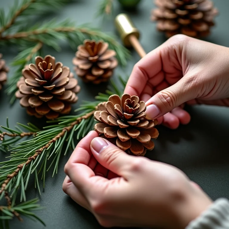 Criação de decoração natural DIY com pinhas e folhas