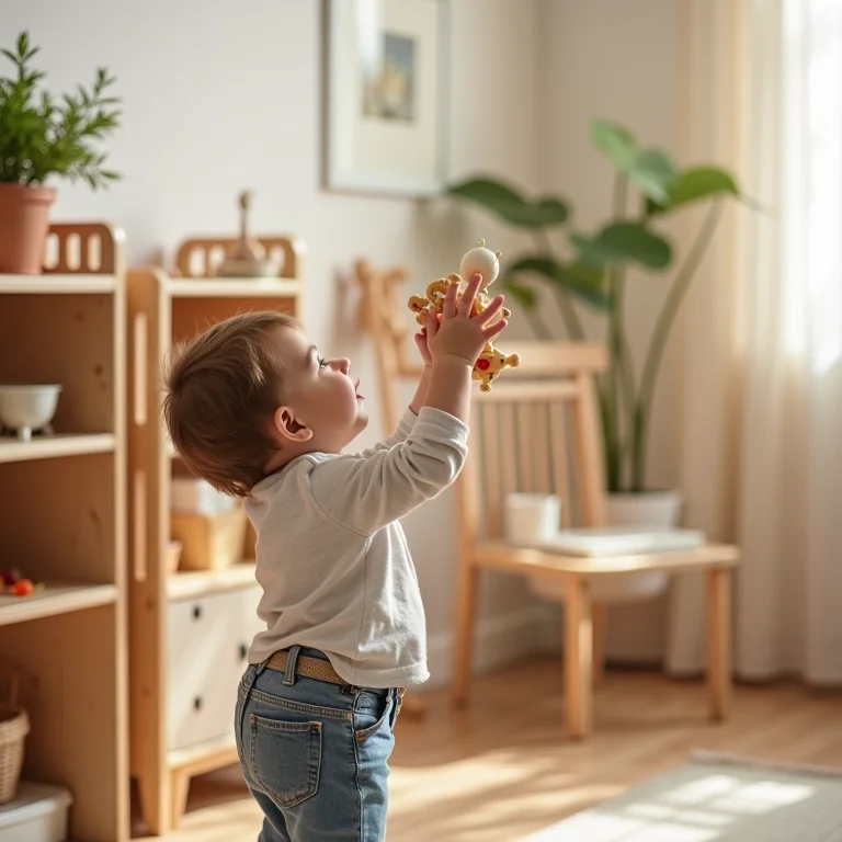 Criança alcançando brinquedo em prateleira baixa em quarto montessoriano.