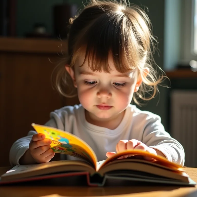 Criança concentrada lendo um livro ilustrado