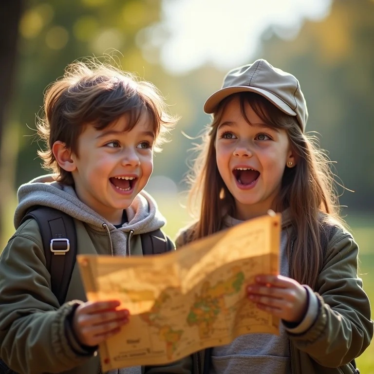 Crianças animadas segurando mapas e bússolas durante uma caça ao tesouro.