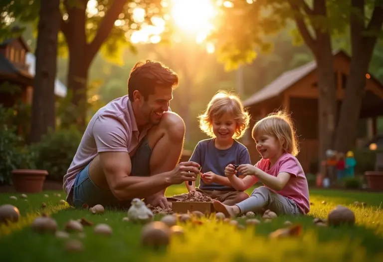 Crianças e adultos participando de uma caça ao tesouro em um jardim ensolarado.
