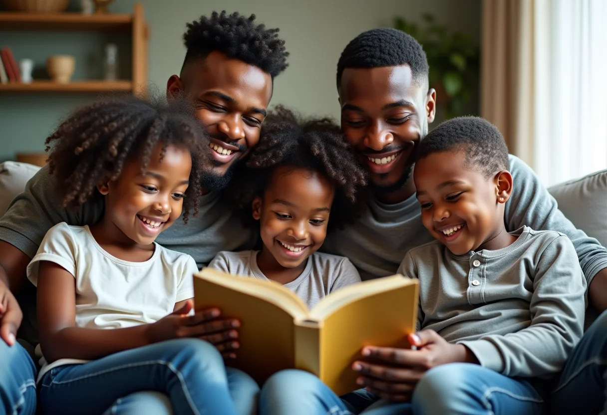 Crianças e pais desfrutando de um momento de leitura em casa