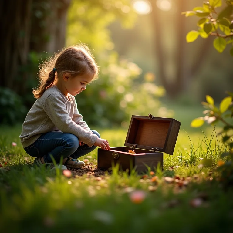 Crianças procurando um tesouro escondido em um jardim ensolarado.