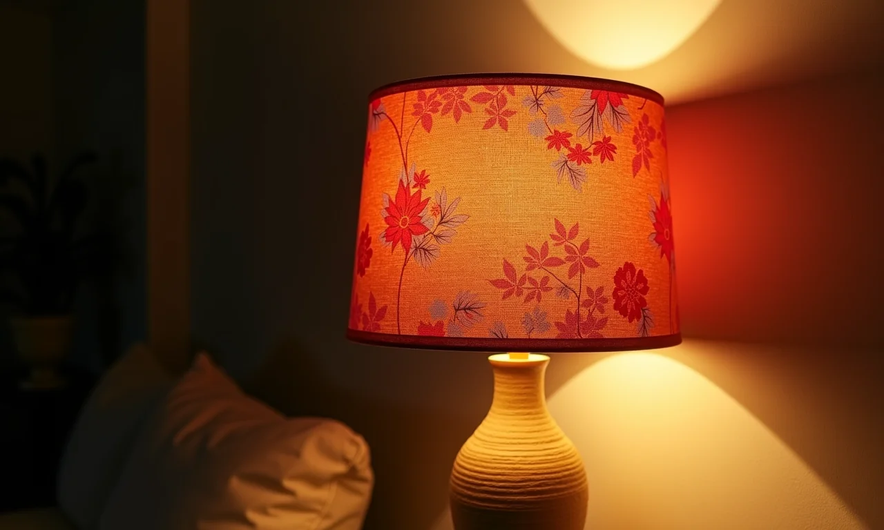 Cúpula de abajur revestida com tecido vibrante, iluminação charmosa.