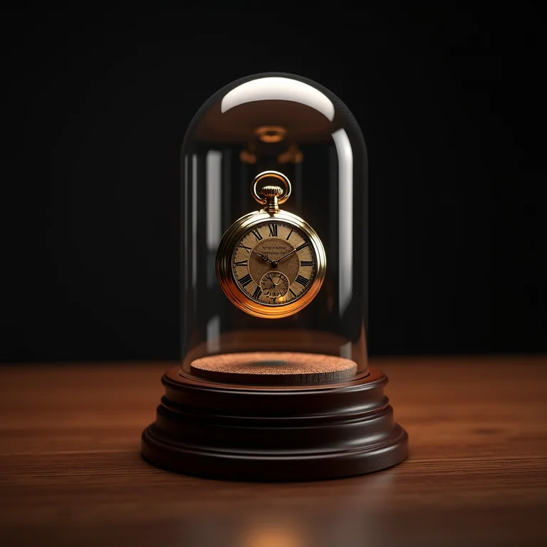 Cúpula de vidro clássica com base de madeira exibindo um relógio de bolso antigo.