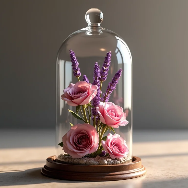 Cúpula de vidro com flores secas, criando um ambiente romântico.