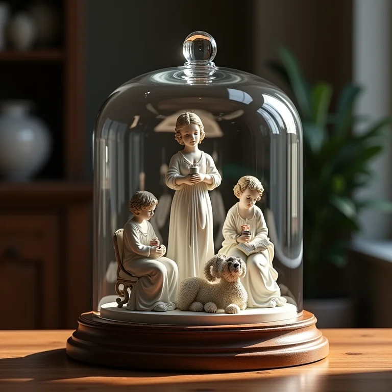 Cúpula de vidro com objetos decorativos vintage